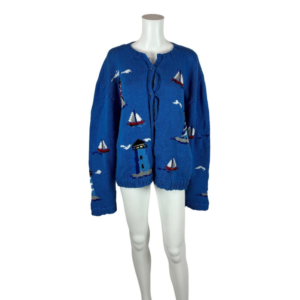 Vintage Lighthouse Cardigan Women's 2X Blue Novelty Nautical Sailboats Handmade - Picture 12 of 12